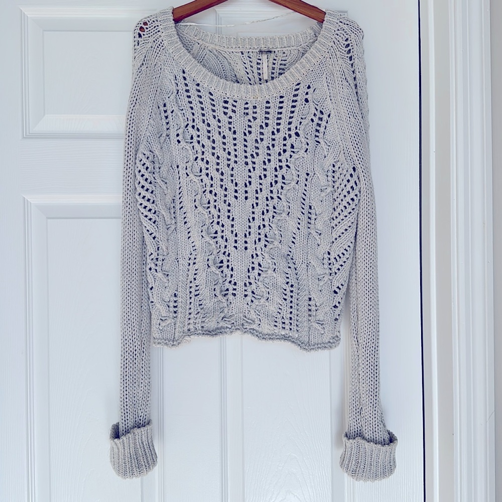 Free People cable knit crochet open back boho gray sweater size M